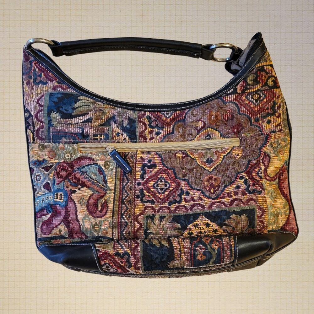 Vintage Tapestry Elephant Boho Chic Handbag Multicolor Design Faux Leather Trim